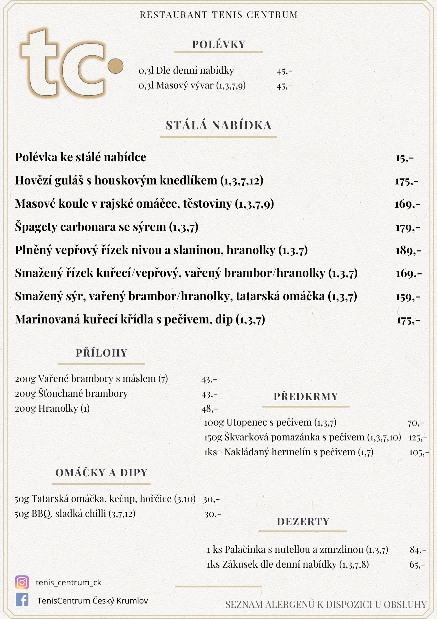 Speciální nabídka Restaurace TenisCentrum